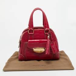 Pre Owned Lancel Adjani Fuchsia Croc Embossed Leather Satchel