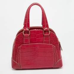 Pre Owned Lancel Adjani Fuchsia Croc Embossed Leather Satchel