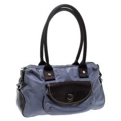 Lancel Metallic Blue Nylon and Leather Bowling Bag