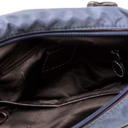 Lancel Metallic Blue Nylon and Leather Bowling Bag