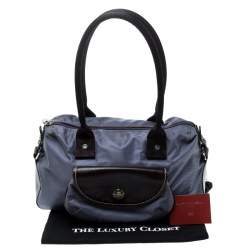 Lancel Metallic Blue Nylon and Leather Bowling Bag