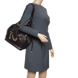 Lancel Dark Brown Croc Embossed Leather Drawstring Bucket Bag