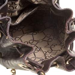 Lancel Dark Brown Croc Embossed Leather Drawstring Bucket Bag