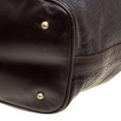 Lancel Dark Brown Croc Embossed Leather Drawstring Bucket Bag
