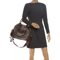 Lancel Olive Green/Brown Nylon and Leather Drawstring Hobo