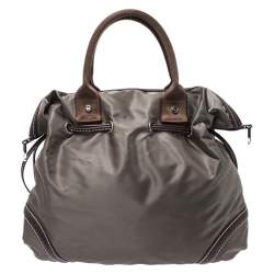 Lancel Olive Green/Brown Nylon and Leather Drawstring Hobo