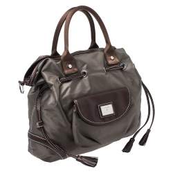 Lancel Olive Green/Brown Nylon and Leather Drawstring Hobo