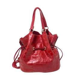 Pre Owned Lancel Red Croc Embossed Leather Premier Flirt Bucket Bag