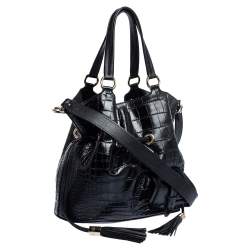 Pre Owned Lancel Black Croc Embossed Leather Premiere Flirt Bucket Shoulder Bag