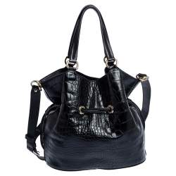 Pre Owned Lancel Black Croc Embossed Leather Premiere Flirt Bucket Shoulder Bag