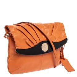 Pre Owned Lancel Orange Pleated Leather Flap Tassel Shoulder Bag
