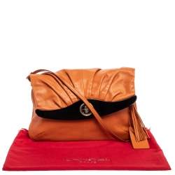 Pre Owned Lancel Orange Pleated Leather Flap Tassel Shoulder Bag