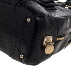 Lancel Black Croc Embossed Leather Adjani Satchel