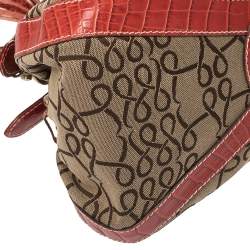 Lancel Brown/Red Signature Canvas and Croc Embossed Leather Shoulder Bag