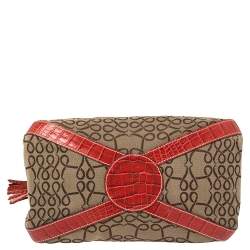 Lancel Brown/Red Signature Canvas and Croc Embossed Leather Shoulder Bag