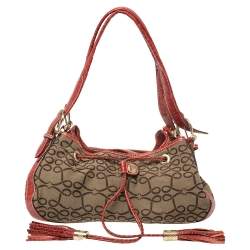 Lancel Brown/Red Signature Canvas and Croc Embossed Leather Shoulder Bag