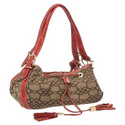 Lancel Brown/Red Signature Canvas and Croc Embossed Leather Shoulder Bag