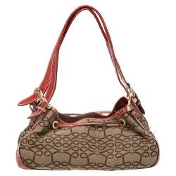 Lancel Brown/Red Signature Canvas and Croc Embossed Leather Shoulder Bag