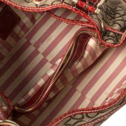 Lancel Brown/Red Signature Canvas and Croc Embossed Leather Shoulder Bag