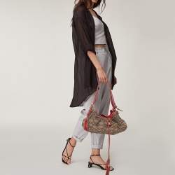 Lancel Brown/Red Signature Canvas and Croc Embossed Leather Shoulder Bag