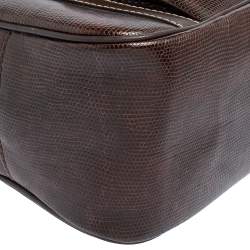 Lancel Dark Brown Lizard Embossed Leather Front Pocket Satchel