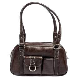 Lancel Dark Brown Lizard Embossed Leather Front Pocket Satchel