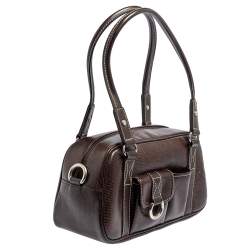 Lancel Dark Brown Lizard Embossed Leather Front Pocket Satchel