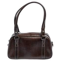 Lancel Dark Brown Lizard Embossed Leather Front Pocket Satchel
