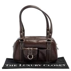 Lancel Dark Brown Lizard Embossed Leather Front Pocket Satchel