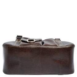 Lancel Dark Brown Lizard Embossed Leather Front Pocket Satchel