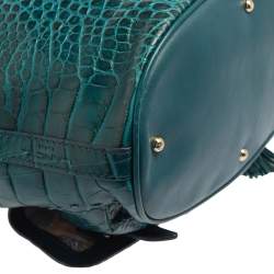 Pre Owned Lancel Teal Croc Embossed Leather Premier Flirt Bucket Bag