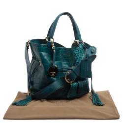 Pre Owned Lancel Teal Croc Embossed Leather Premier Flirt Bucket Bag