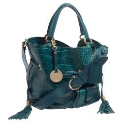 Pre Owned Lancel Teal Croc Embossed Leather Premier Flirt Bucket Bag
