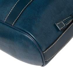 Pre Owned Lancel Blue Lizard Embossed Leather Drawstring Tote