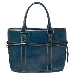 Pre Owned Lancel Blue Lizard Embossed Leather Drawstring Tote