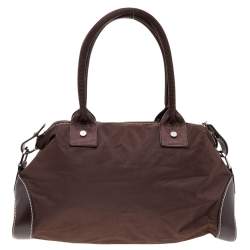 Pre Owned Lancel Brown Nylon And Leather Front Pocket Satchel