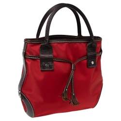 Lancel Red/Brown Nylon and Leather Tassel Drawstring Tote