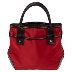 Lancel Red/Brown Nylon and Leather Tassel Drawstring Tote