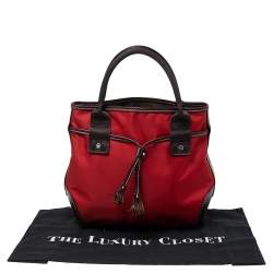 Lancel Red/Brown Nylon and Leather Tassel Drawstring Tote