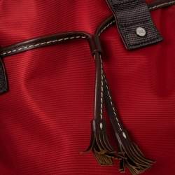 Lancel Red/Brown Nylon and Leather Tassel Drawstring Tote