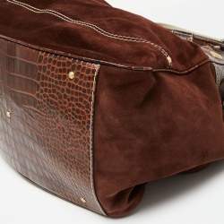 Lancel Brown Croc Embossed Leather and Suede Drawstring Shoulder Bag