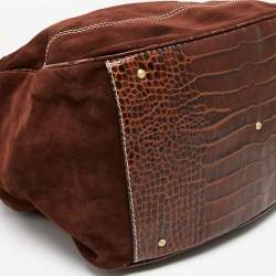 Lancel Brown Croc Embossed Leather and Suede Drawstring Shoulder Bag