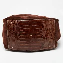 Lancel Brown Croc Embossed Leather and Suede Drawstring Shoulder Bag