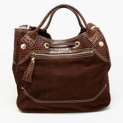 Lancel Brown Croc Embossed Leather and Suede Drawstring Shoulder Bag