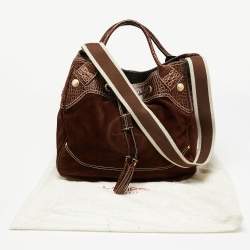 Lancel Brown Croc Embossed Leather and Suede Drawstring Shoulder Bag
