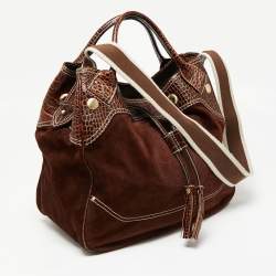 Lancel Brown Croc Embossed Leather and Suede Drawstring Shoulder Bag