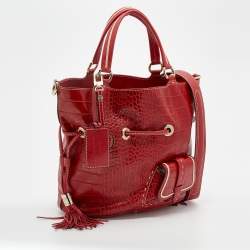 Pre Owned Lancel Red Croc Embossed Leather Premier Flirt Bucket Bag