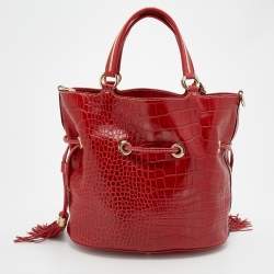 Pre Owned Lancel Red Croc Embossed Leather Premier Flirt Bucket Bag