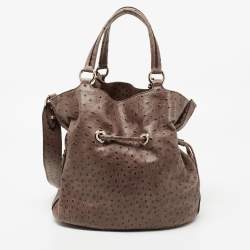 Pre Owned Lancel Brown Ostrich Embossed Leather Premiere Flirt Bucket Bag