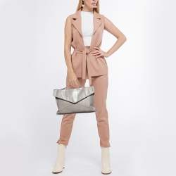 Lancel Grey Leather Envelope Flap Clutch Bag